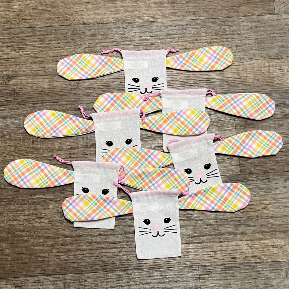 NEW Spring Easter Treat Gift Bags Bunny w/ Plaid Ears &Pink Drawstring Lot of 6